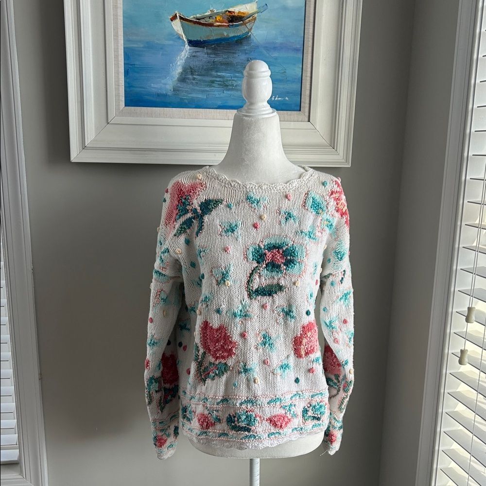 Vintage Portraits Tulip Ramie Cotton Floral Handknit Sweater medium